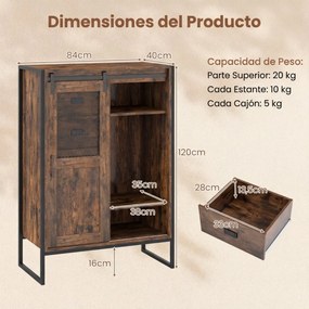 Armário de arrumação, estilo rústico 84 x 40 x 120 cm, com porta de correr, 5 gavetas e prateleiras ajustáveis ideal para casa de banho, sala de estar