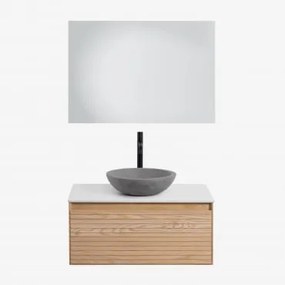 Conjunto De Móveis De Banheiro Em Madeira Tedrik Ash Castanho Fresno & Cimento Cinzento Redondo Ø40 Cm Tarsis & Led Retangular - Sklum