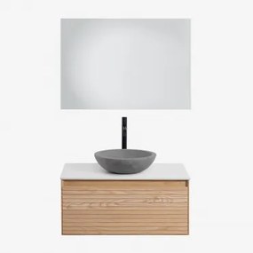 Conjunto De Móvel De Casa De Banho Suspenso 80x50 Cm Em Madeira De Freixo Tedrik Castanho Fresno & Cimento Cinzento Redondo Ø40 Cm Tarsis - Sklum