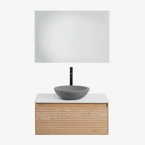 Conjunto De Móvel De Casa De Banho Suspenso Em Madeira De Freixo Tedrik Castanho Fresno & Cimento Cinzento Redondo Ø40 Cm Tarsis & Led - Sklum