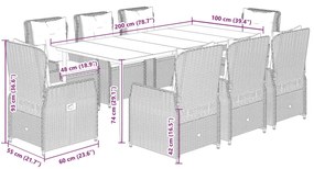 9 pcs conjunto de jantar p/ jardim com almofadões vime PE bege