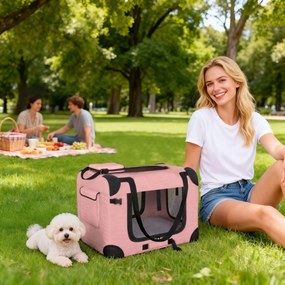 Transportadora Dobrável para Cães 60x41,5x41 cm com Janelas de Rede, Almofada Macia e 2 Alças para Mini Cães e Gatos Rosa