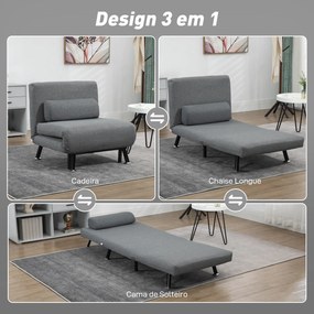 Sofá Cama Individual Dobrável com Encosto Ajustável em 5 Níveis Almofada e Estofado de Linho Sintético 75x70x75 cm Cinzento