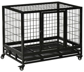 PawHut Gaiola de Metal para animais de estimação tipo trasportadora para Cão Grande com Rodas e Bandejas Removível 92x62x75cm Preto