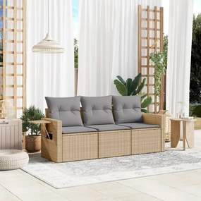 3 pcs conjunto de sofás p/ jardim com almofadões vime PE bege
