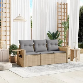 vidaXL 3 pcs conjunto de sofás p/ jardim com almofadões vime PE bege
