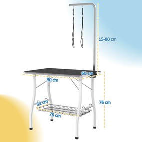 Mesa de tosquia para cães 90 x 60 x 76 cm, dobrável, com tabuleiro antiderrapante em borracha e 2 correias, preta