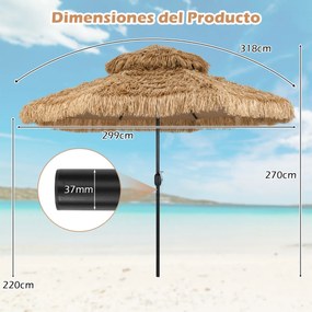 Guarda-sol Tiki 299 cm de praia estilo havaiano com manivela Ajuste fácil da inclinação Tampa ventilada 8 varas Natural+Preto