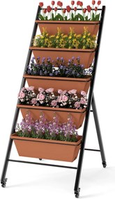 Floreira Escada 57 x 74 x 132 cm de 5 níveis com suporte metálico para vasos de jardim escalonado com rodas bloqueáveis e fileiras de orifícios de dre