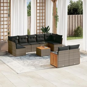 10 pcs conjunto sofás de jardim c/ almofadões vime PE cinzento