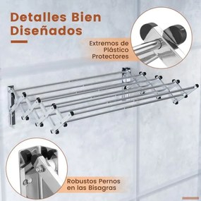 Estendal extensível de parede dobrável para roupa em aço inoxidável com 8 barras 63 x 86 x 22 cm prateado