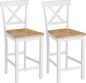 HOMCOM Conjunto de 2 banquetas com encosto e apoio para pés, madeira de seringueira, para cozinha, sala de jantar, bar, Carvalho+Branco | Aosom Portugal