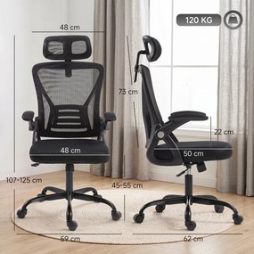 Cadeira de escritório ergonómica, braços rebatíveis, apoio para a cabeça, função de inclinação, altura ajustável, 59 x 62 x 125 cm, preta