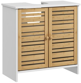 HOMCOM Móvel para Lavatório Móvel Sob Lavatório Moderno com Portas Magnéticas de Bambu e Estante Ajustável 60x30x60 cm Branco e Madeira