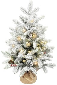 Mini Árvore de Natal Artificial com 35 Luzes LED 182 Ramos com Neve Pinhas Bagas e Base de Saco de Juta Ø48x60 cm Verde
