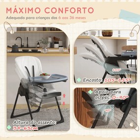 Cadeira de Refeição para Bebé Ajustável e Dobrável com Encosto Reclinável e Cinto de Segurança 70x53x107 cm Preto e Branco