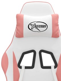 Cadeira gaming giratória c/ apoio pés couro artif. branco/rosa