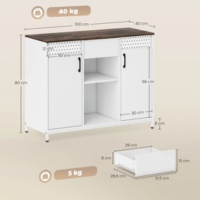 Aparador de 2 Portas com Orifícios 2 Compartimentos e Gaveta Prateleiras Ajustáveis 100x40x80 cm Branco e Castanho Rústico