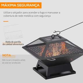 Braseiro Exterior de Aço Multifuncional com Tampa Protetora e Atiçador para Churrascos Fogueiras 45x45x34 cm Preto