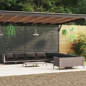 vidaXL 11pcs conj. lounge jardim c/ almofadões vime PE cinzento-escuro