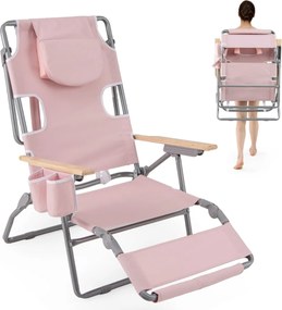 Cadeira de praia dobrável 3 em 1 com orifício para o rosto, apoio para os pés, encosto reclinável e transportável para apanhar sol, Rosa