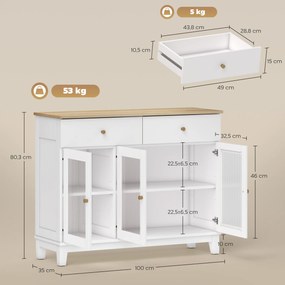 Aparador Branco 3 Portas de Vidro Aparador Sala de Estar Moderno com 2 Gavetas e Prateleiras Ajustáveis 100x35x80,3 cm