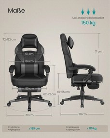 Cadeira gaming com apoio para os pés, apoio para a cabeça e almofada lombar, preto e cinza-ardósia