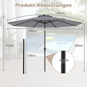 Guarda-sol Ø303 cm com manivela, dobrável em ambos os lados 25°, guarda-sol cinzento