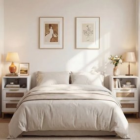 Conjunto de 2 mesas de cabeceira em rattan 60 x 35 x 61 cm com estação de carregamento e 2 gavetas estilo boho com armazenamento aberto branco e doura