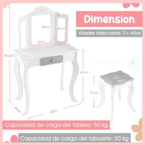 Toucador Infantil 2 em 1 "Aurora" - Mesa de Maquilhagem com Espelho Re