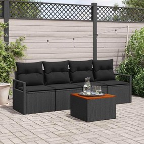 Conjunto de Sofá para Jardim de 5 Peças com Almofadas Preto Rattan Poliéster Acácia