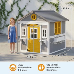 Casa de Madeira Infantil com Porta Janelas Floreiras e Prateleiras Casa de Brincar de Madeira 112x126x135 cm Cinzento