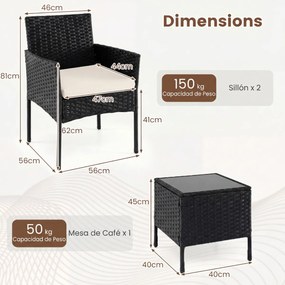 Conjunto de móveis de jardim de 3 peças em rattan com 2 cadeiras e Mesa auxiliar de vidro para terraço, pátio ou varanda Bege+Preto