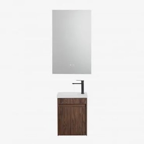Conjunto De Móvel De Casa De Banho Suspenso Em Madeira Com Lavatório Integrado Narek Madeira Escura & Retangular Led E Anti-embaciamento - Sklum