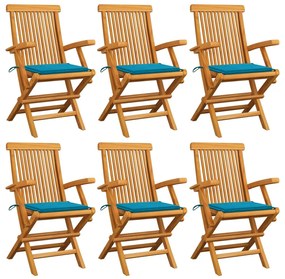 vidaXL Cadeiras de jardim c/ almofadões azuis 6 pcs teca maciça
