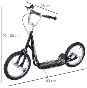 Trotinete para Crianças acima de 5 anos Scooter de 2 Rodas Grandes Insufláveis de 16 Polegadas com Freios e Guidão Ajustável em Altura 143x58x92-100cm