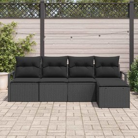 Sofá de Jardim 5 Peças com Almofadas Pretas em Rattan Sintético
