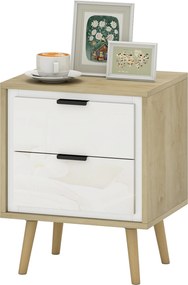 Mesa de Cabeceira, 40 x 35 x 50 cm, 2 Gavetas Silenciosas, Castanho e Branco Brilhante