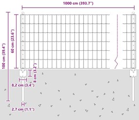Cerca Euro com 5 Postes U Prateado 0,6x10 m Aço