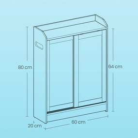 Armário de casa de banho estreito com portas de correr 20 x 60 x 80 cm, prateleiras ajustáveis e suporte para papel higiénico Branco