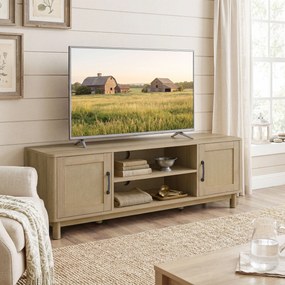 Móvel de TV 135 x 39 x 45 cm, móvel para televisores até 65 polegadas com 2 portas em rattan, 2 compartimentos abertos, cor carvalho