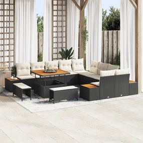 Conjunto de Sofá de Jardim vidaXL com Almofadas Preto Rattan Poli Acác