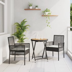 Conjunto de Bistro de Jardim em 3 Peças com Almofadas Preto de Rattan Sintético