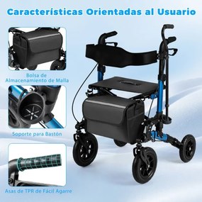 Andador dobrável com rodas para idosos, com assento, encosto, malha, suspensão por molas, suporte para bengala e bolsa, 4 rodas, preto + azul