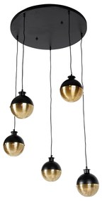 Candeeiro de suspensão industrial preto com latão 5 luzes - Haicha Industrial