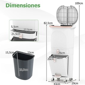 Caixote do lixo de 42 L com 2 caixotes removíveis, gaveta com pedal e rodas para sala, cozinha e casa de banho, branco