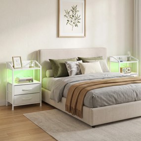 Conjunto de 2 Mesas de Cabeceira com LED RGB e Estação de Carregamento 2 Gavetas em Tecido para Quarto 40x30x60 cm Branco