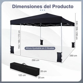 Tenda dobrável instantânea de 3x3 m com 4 pesos areia, saco de transporte, proteção solar e Estrutura de aço para jardim, festas, eventos, na cor pret