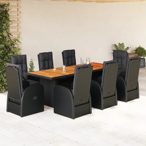 vidaXL 9 pcs conjunto de jantar p/ jardim c/ almofadões vime PE preto