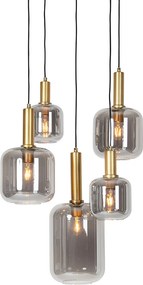 Candeeiro de suspensão preto com dourado e vidro fumê 5 luzes - Zuzanna